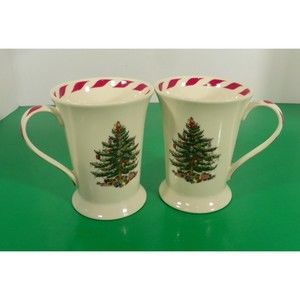 Spode CHRISTMAS TREE Coffee Mug Cup (s) LOT OF 2 Candy Cane Stripe Footed